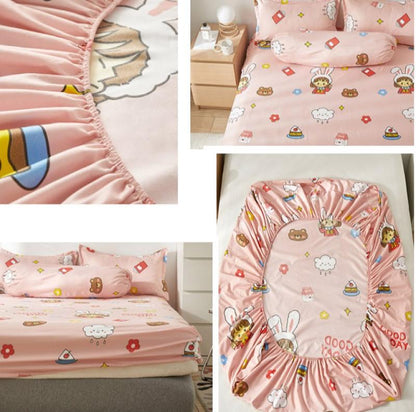 Pastel Pink Kawaii Illustration Fitted Bedsheet