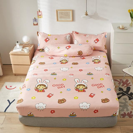 Pastel Pink Kawaii Illustration Fitted Bedsheet