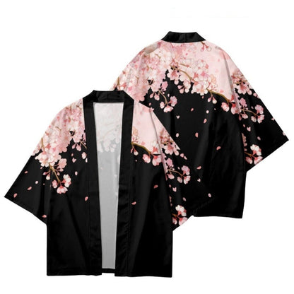 Pink Sakura Flowers Print Unisex Black Kimono | NEW