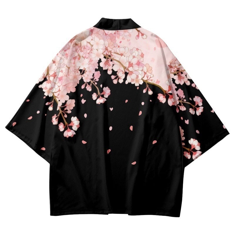 Pink Sakura Flowers Print Unisex Black Kimono | NEW