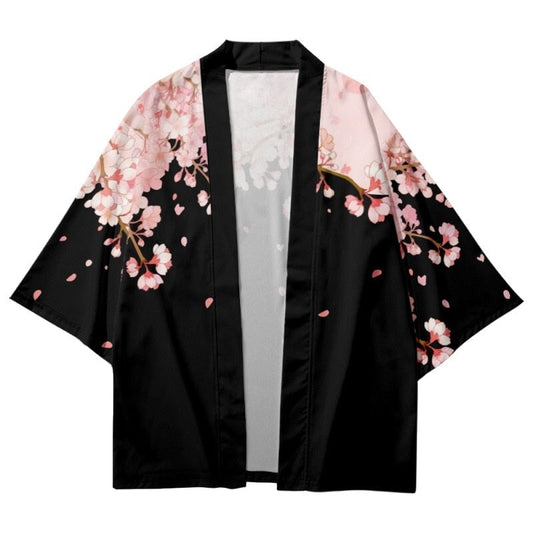 Pink Sakura Flowers Print Unisex Black Kimono | NEW