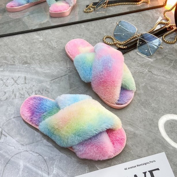 Rainbow Criss Cross Plush Slippers