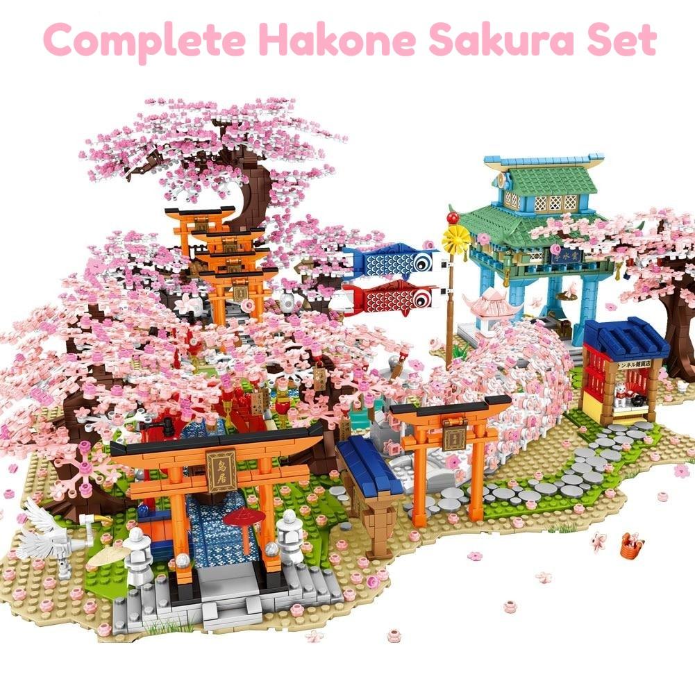 Cute Japanese Building Set Hakone Red Bridge Lake View with Sakura Trees