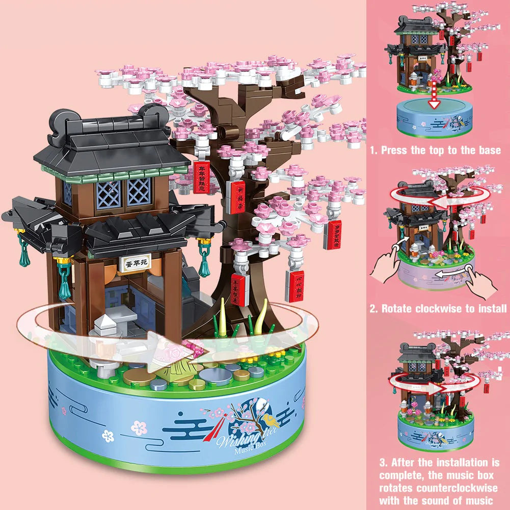 Sakura Cherry Blossom Tree Temple Rotating Music Box Building Set