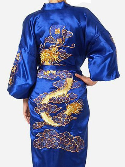 Satin Silk Golden Dragon Embroidery Long Kimono Gown