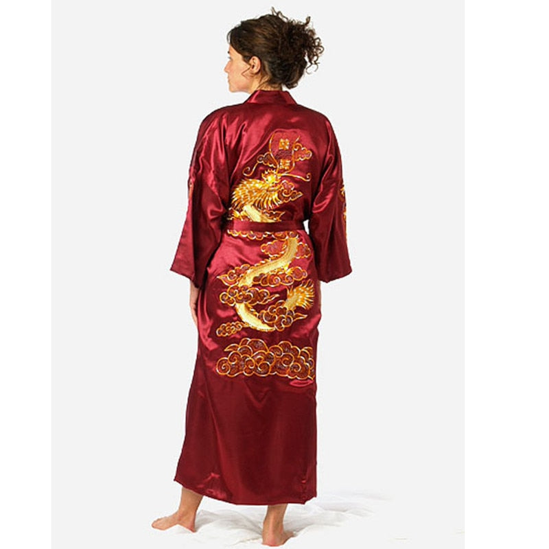 Satin Silk Golden Dragon Embroidery Long Kimono Gown