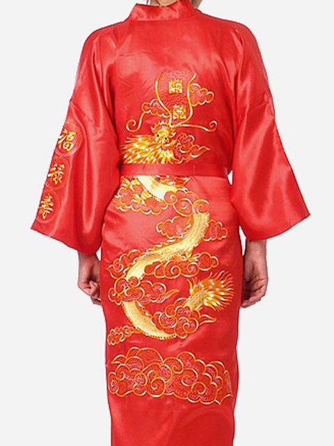 Satin Silk Golden Dragon Embroidery Long Kimono Gown