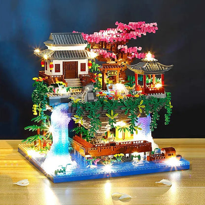 Waterfall Japanese House Sakura Tree Floating Island Nano Building Blocks | Limited Stock