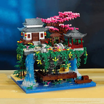 Waterfall Japanese House Sakura Tree Floating Island Nano Building Blocks | Limited Stock