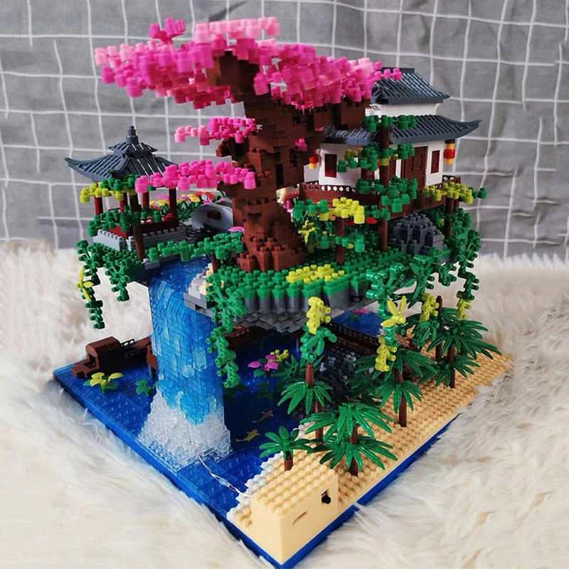 Waterfall Japanese House Sakura Tree Floating Island Nano Building Blocks | Limited Stock