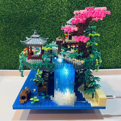 Waterfall Japanese House Sakura Tree Floating Island Nano Building Blocks | Limited Stock