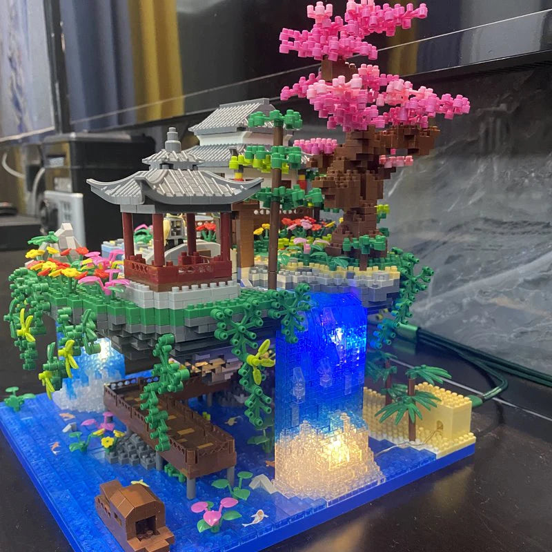 Waterfall Japanese House Sakura Tree Floating Island Nano Building Blocks | Limited Stock