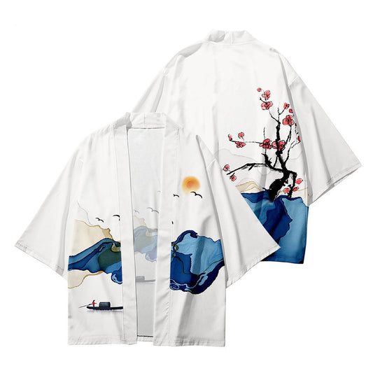 White Sakura Lake Japanese Women Kimono Robe Cardigan