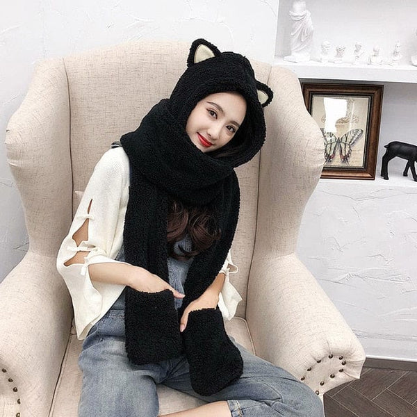 Kawaii Teddy Bear Winter Hoodie Hat w/ Mask