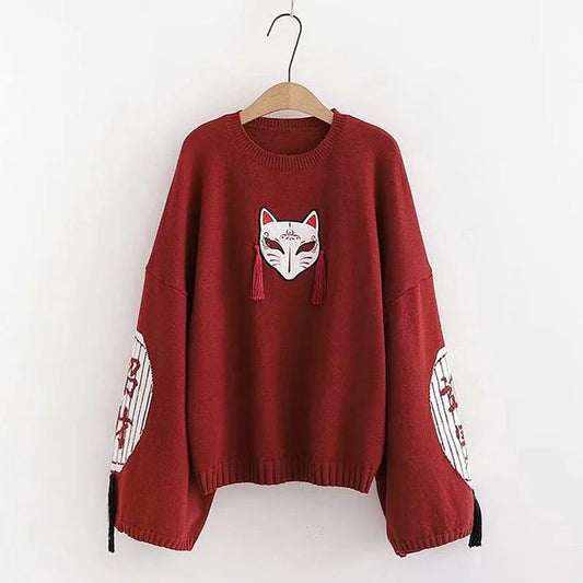 Cartoon Fox Embroidery Tassels Letter Pullover Sweater - Vintage Style