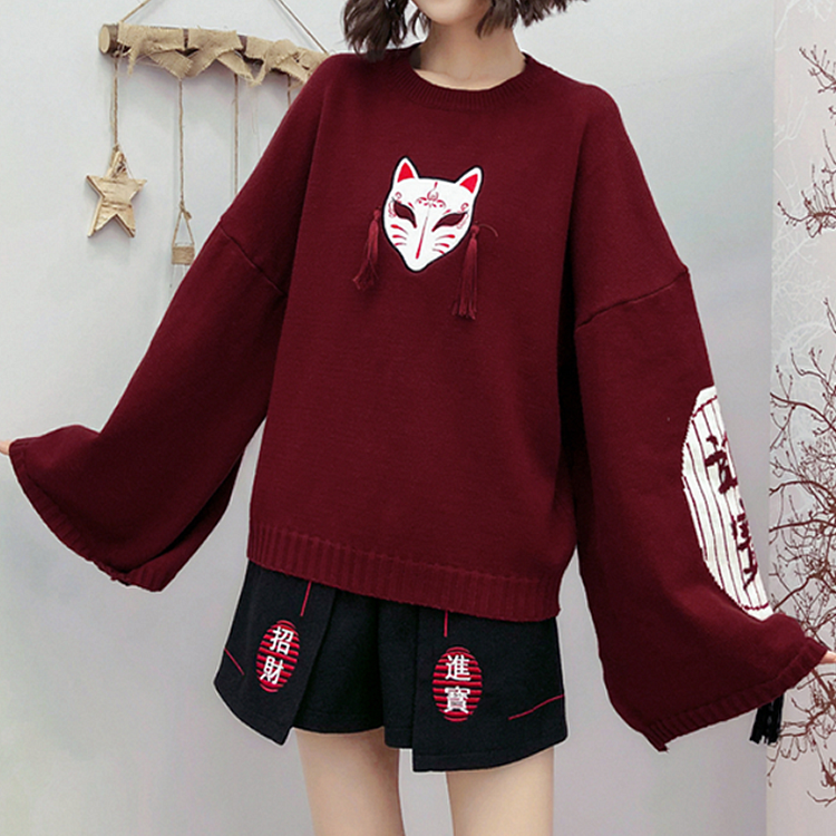 Cartoon Fox Embroidery Tassels Letter Pullover Sweater Vintage Style Youeni