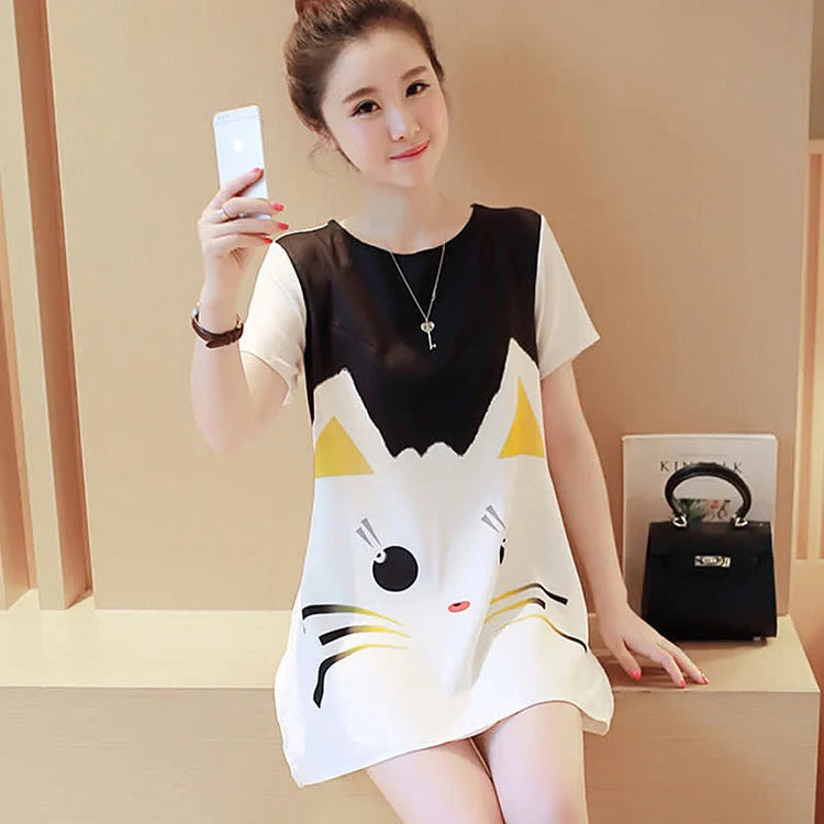 Cartoon Kitty Print Magic: Dress Up Effortlessly!