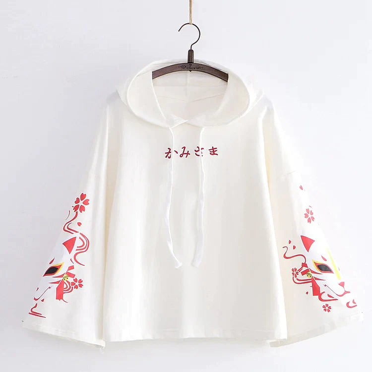 Sakura Fox Mask Letter Print Drawstring T-Shirt Hoodie Love Heart Skirt - Casual Style