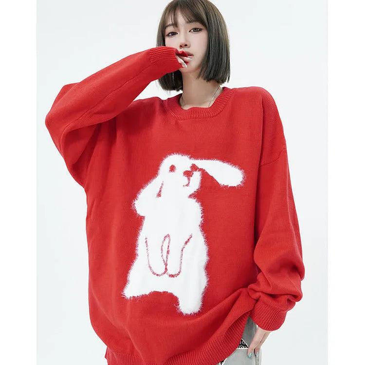 Cuddle-Ready Chic: Long Sleeve Bunny Print Sweater - Elevate Your Casual Style with Adorable Vibes! 🌟👕