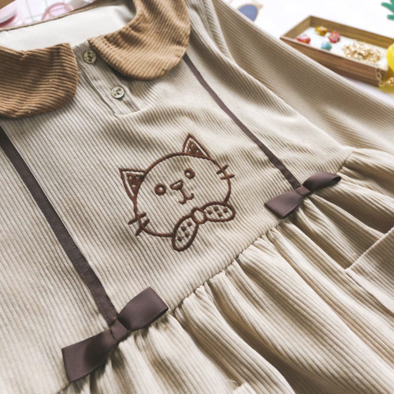 Mori Girl Kawaii Cat Corduroy Dress
