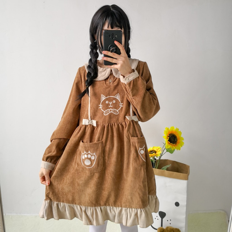 Mori Girl Kawaii Cat Corduroy Dress