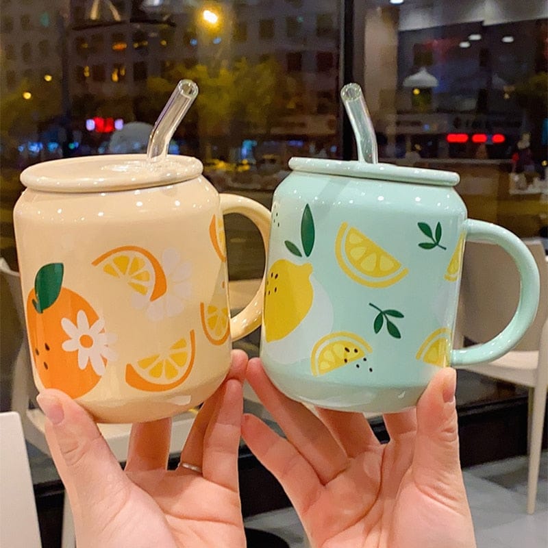 New Cute Fruit Ceramic Mug With Straw