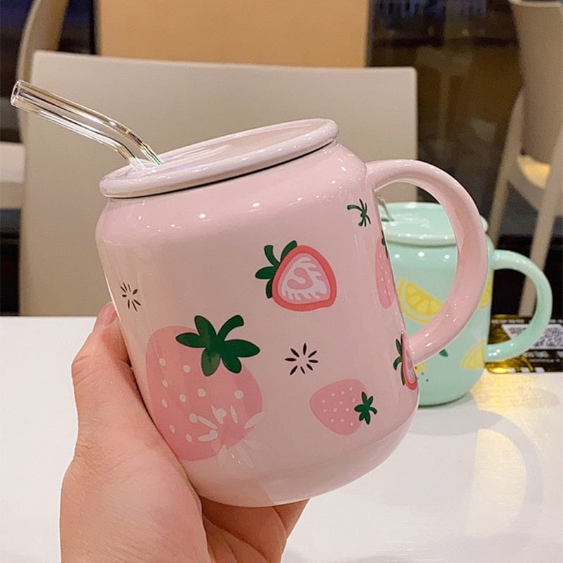 New Cute Fruit Ceramic Mug With Straw