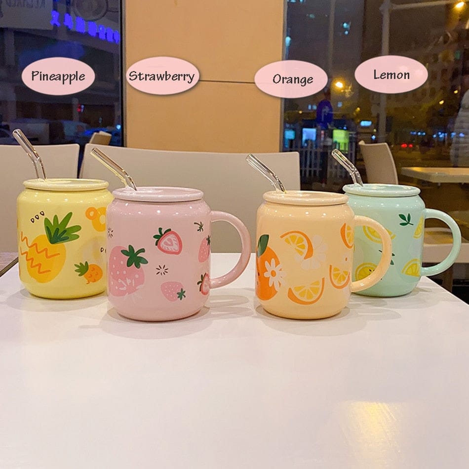 New Cute Fruit Ceramic Mug With Straw