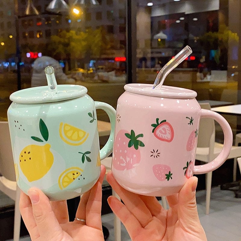 New Cute Fruit Ceramic Mug With Straw