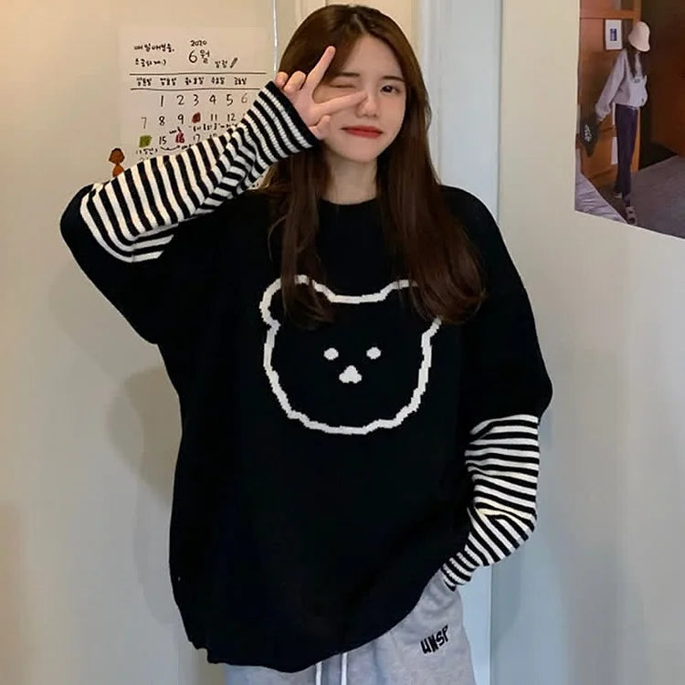 Striped Sleeves, Happy Heart: Kawaii Bear Knit Sweater - Elevate Your Style with Playful Warmth! 🎀🐾