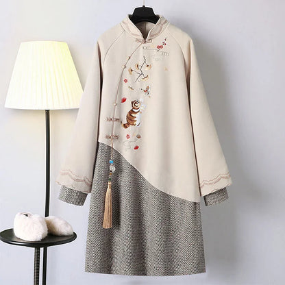 Vintage Embroidery Loose Fringed Hoodie Sweatshirt Dress