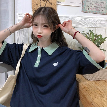 Original Kawaii Love Casual Loose Korean Polo T-shirt