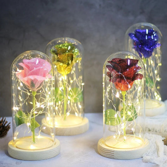 Shimmering Glitter Enchanted Rose LED Glass Display