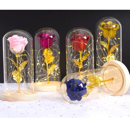 Gold Glitter Enchanted Rose Display with LED Lights