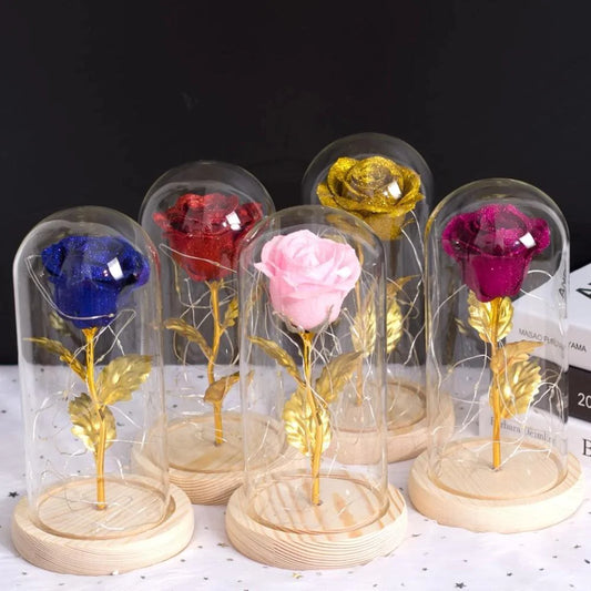 Gold Glitter Enchanted Rose Display with LED Lights