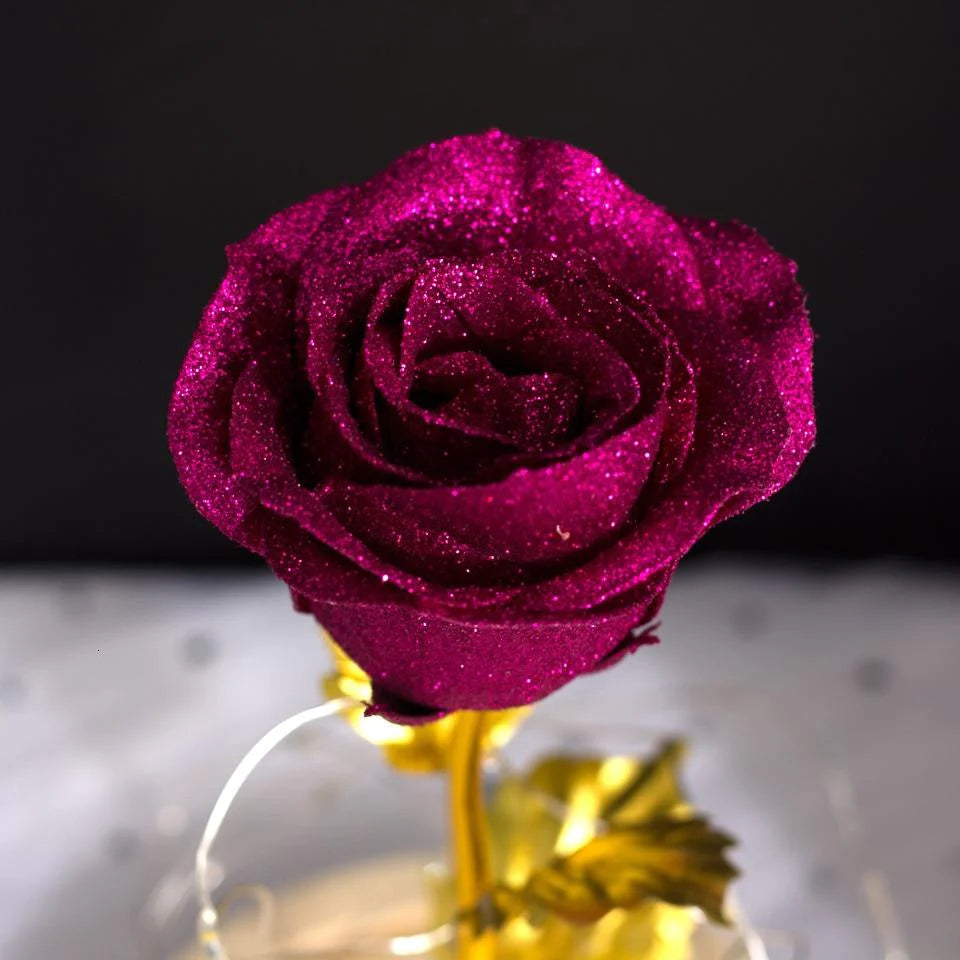 Gold Glitter Enchanted Rose Display with LED Lights