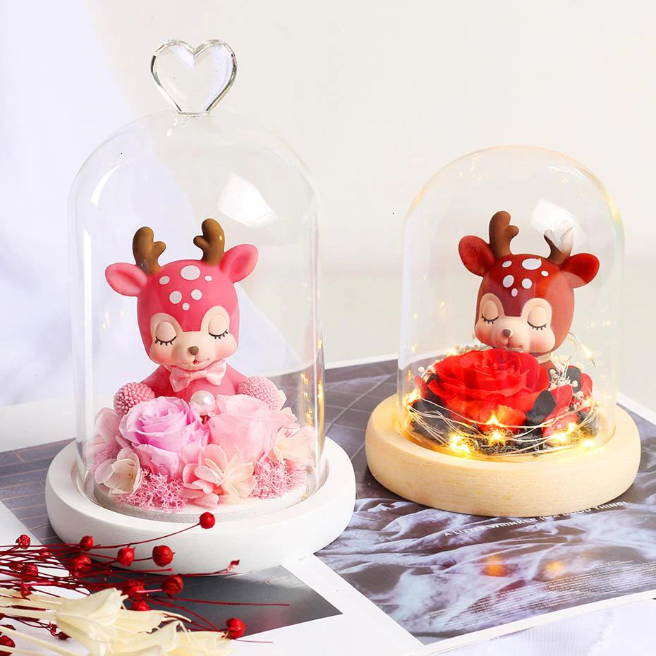 Immortal Preserved Rose Deer Elk Fawn Glass LED Display