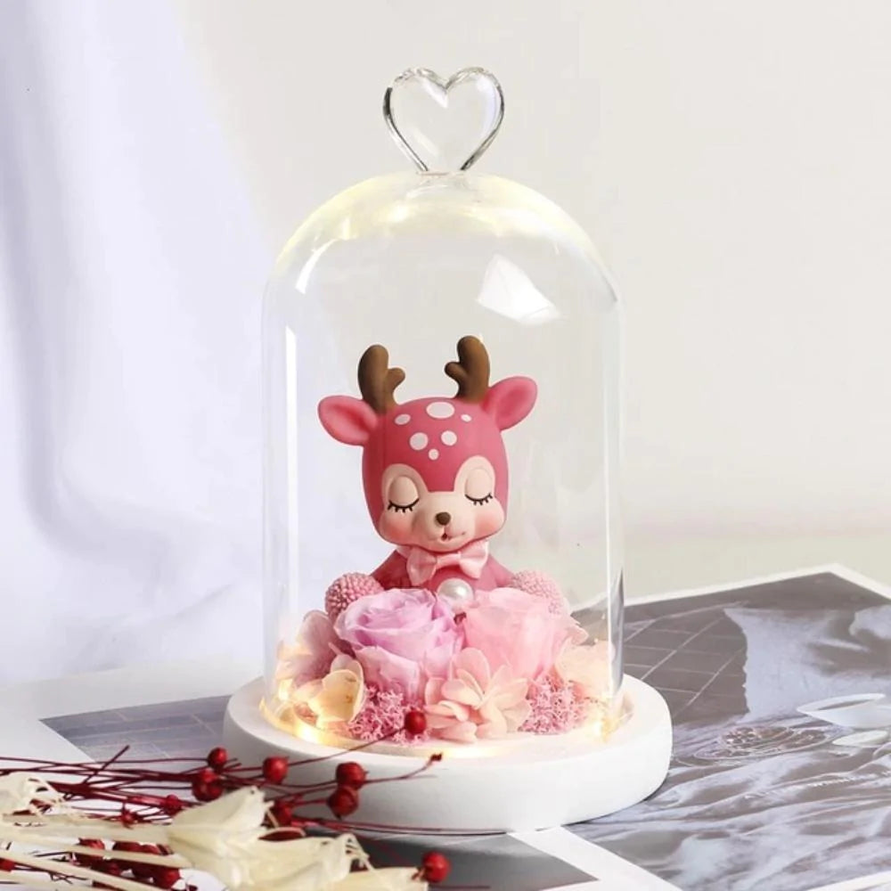 Immortal Preserved Rose Deer Elk Fawn Glass LED Display