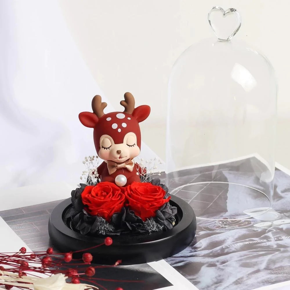 Eternal Preserved Rose Deer Elk Fawn Glass LED Display