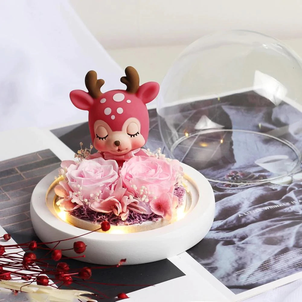 Immortal Preserved Rose Deer Elk Fawn Glass LED Display