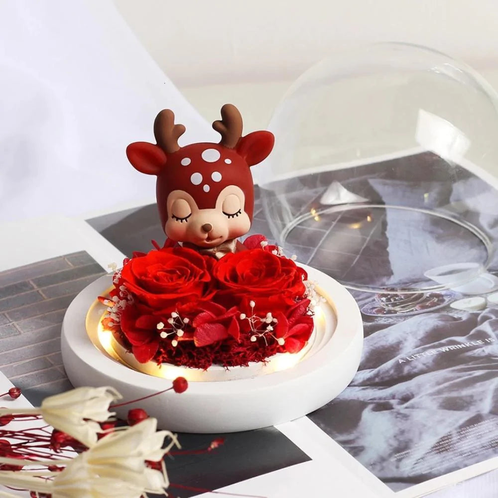 Immortal Preserved Rose Deer Elk Fawn Glass LED Display