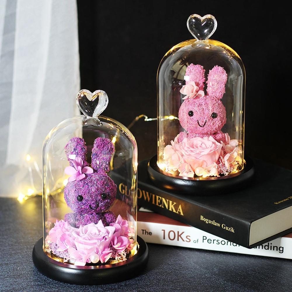 Immortal Preserved Rose Bunny Rabbit Glass LED Display