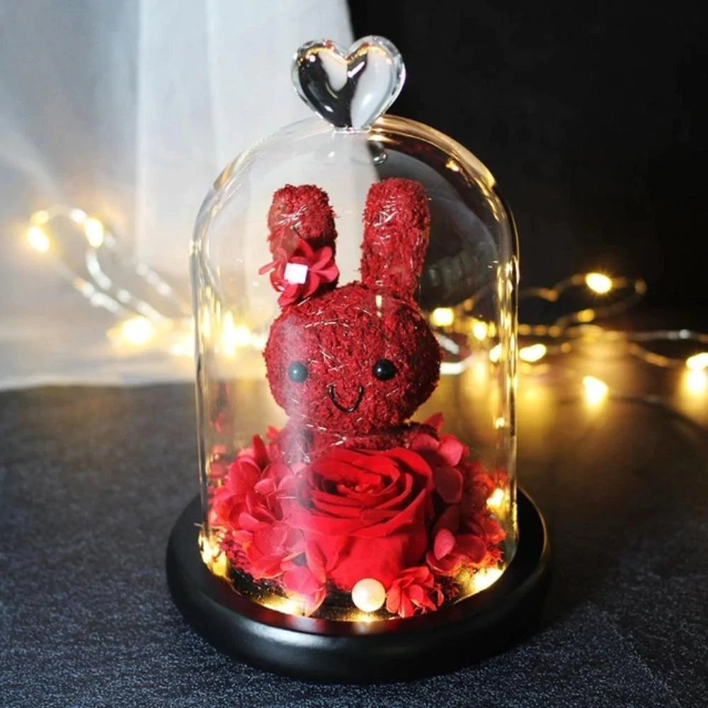 Immortal Preserved Rose Bunny Rabbit Glass LED Display