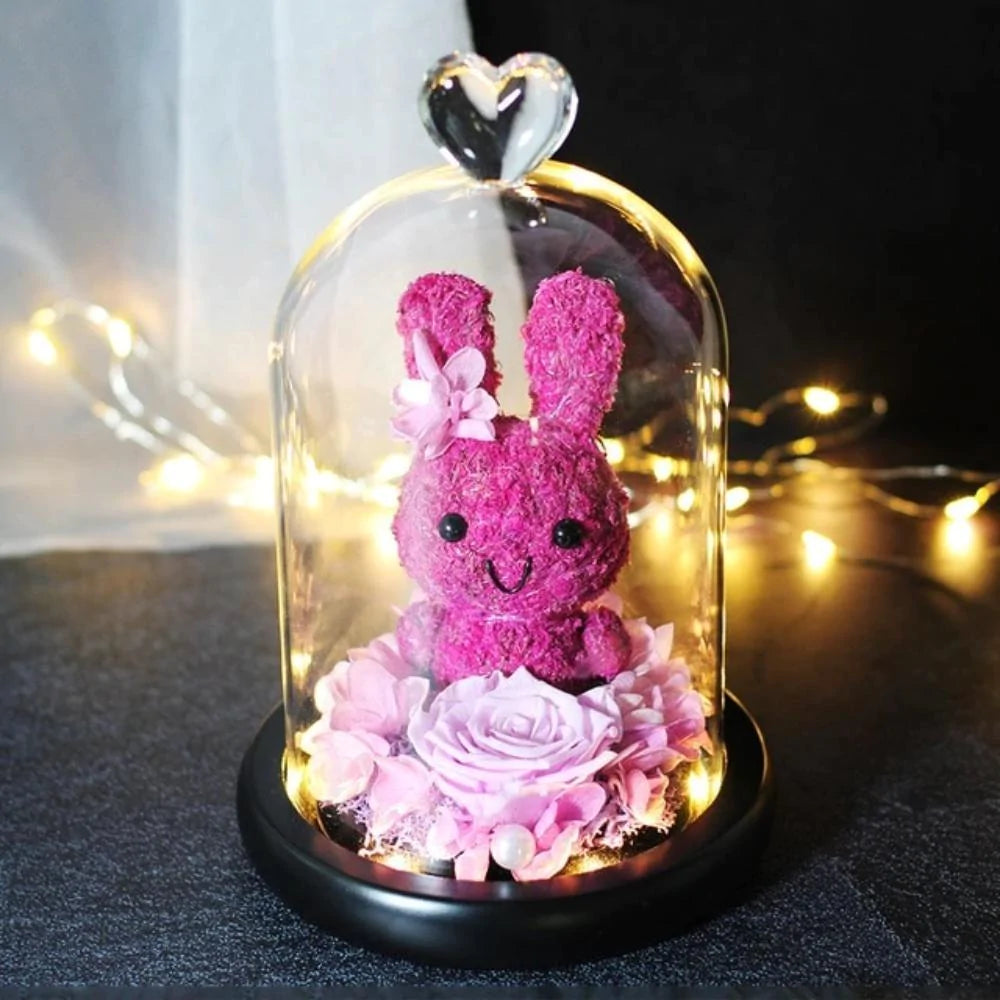 Immortal Preserved Rose Bunny Rabbit Glass LED Display