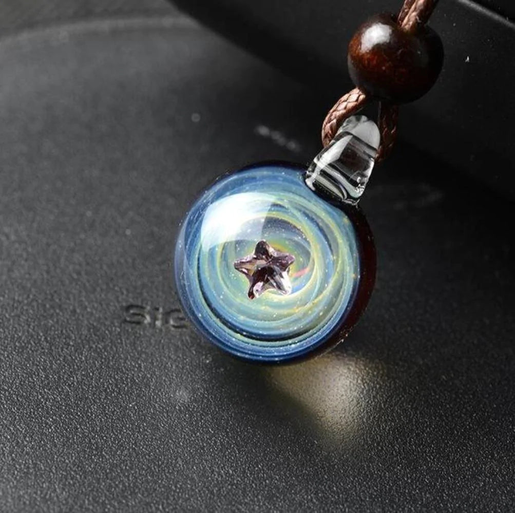 Glass Galaxy Pendant Necklace in a Drop Shape