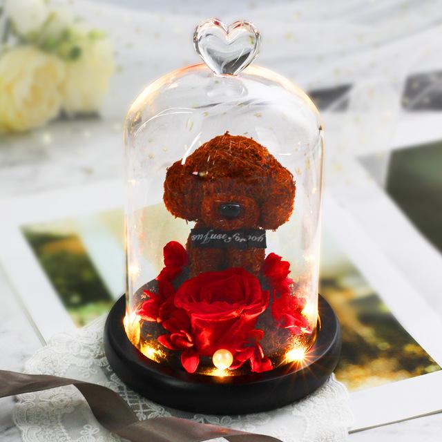 Immortal Preserved Rose Puppy Dog Glass LED Display
