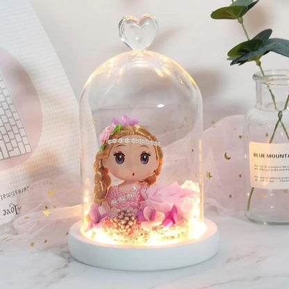 Immortal Enchanted Rose Glass Heart Dome with Princess Doll