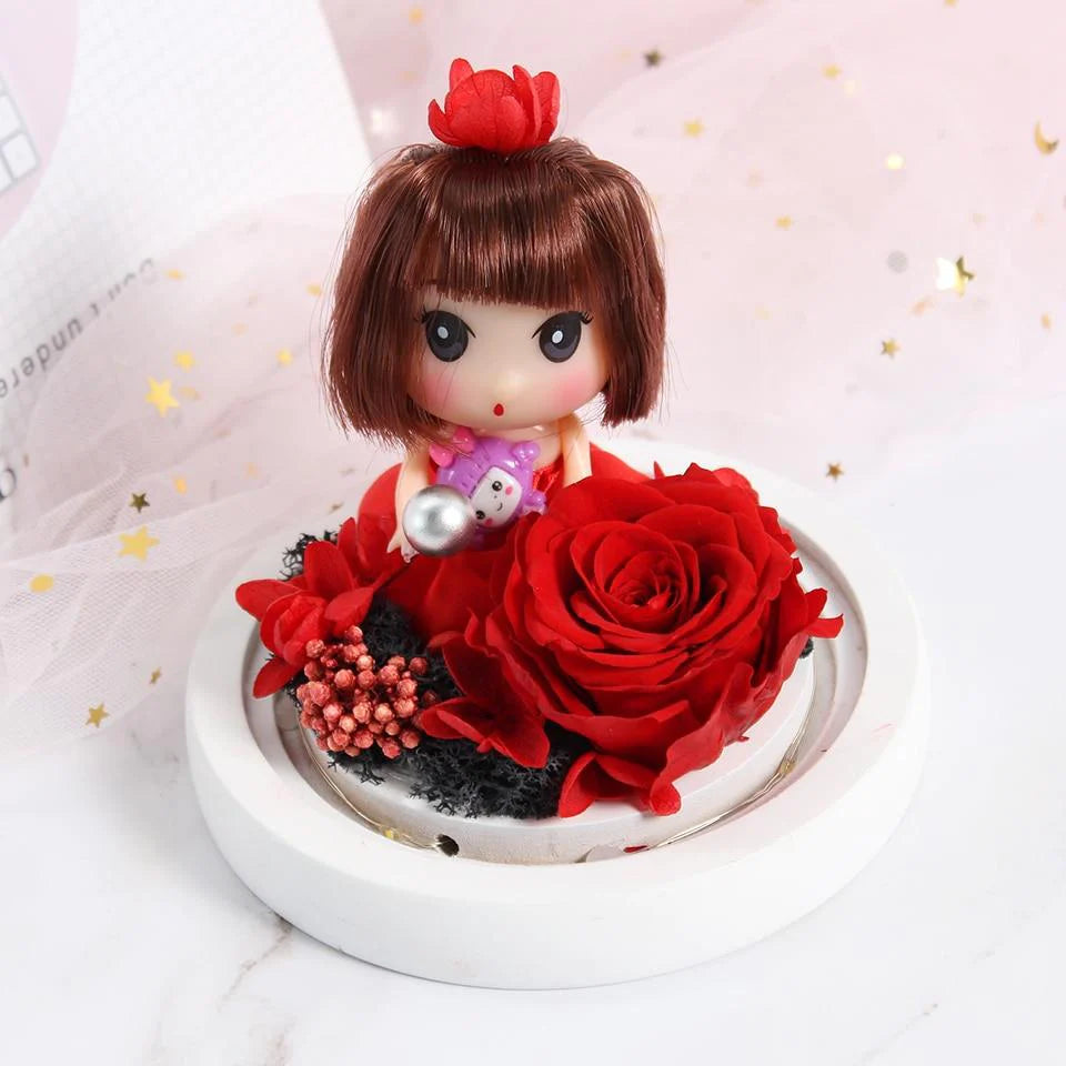 Immortal Enchanted Rose Glass Heart Dome with Princess Doll