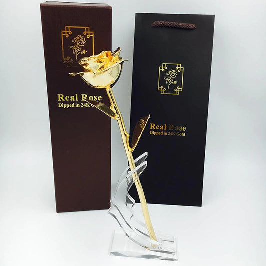 24k Gold Preserved Rose with Long Stem and Display Stand