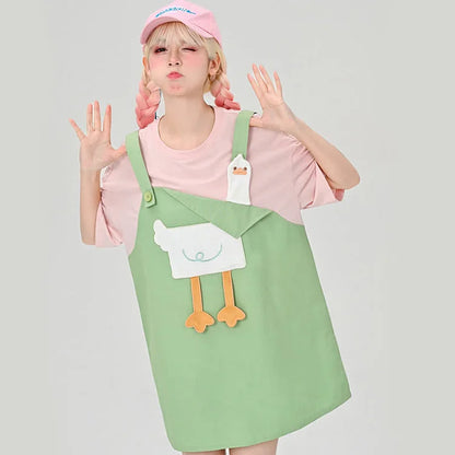 Cute and Quirky: Cartoon Duck Embroidery T-Shirt Dress